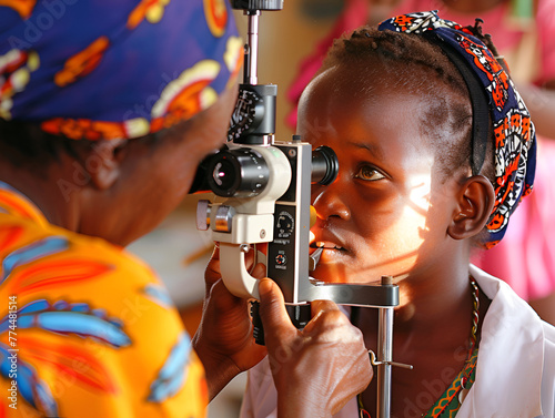 African Child patient engaged in an eye examination, traditional dress and bright clinic environment.