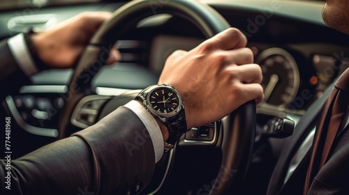top view of man's watch in black suit keeping hand on the steering wheel while driving a luxury car. AI generated