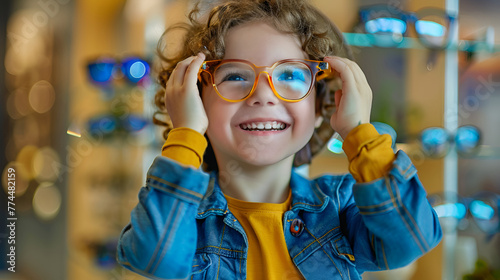 Young kid adjusting new spectacles, joyful expression, optometry concept.