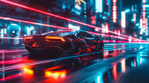 Futuristic holographic car in neon city
