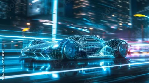 Futuristic car blueprint speeding through a neon city