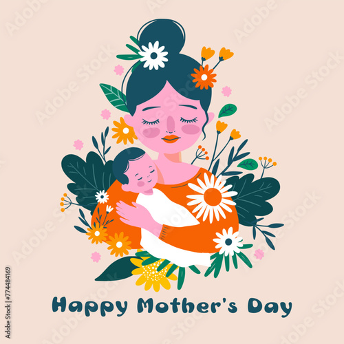 Happy Mothers Day vector greeting happy woman holding a baby with flowers in a cartoon flat style. Vector greeting baby shower card for mom mother.