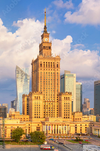 Morning cityscape - view of the business center of Warsaw with skyscrapers and the Palace of Culture and Science. Poland