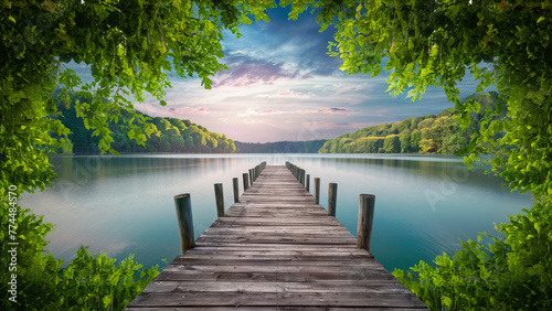 An image captures a tranquil scene with a wooden pier extending into a still lake. Lush green foliage can be seen around the region presenting a calm and peaceful environment. Up above, the sky r... photo