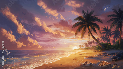 This is a scenic image of a tropical beach taken at sunset. The photograph perfectly captures the silhouettes of lush palm trees and energetic seagulls adding life to the tranquil scene. Also not... photo