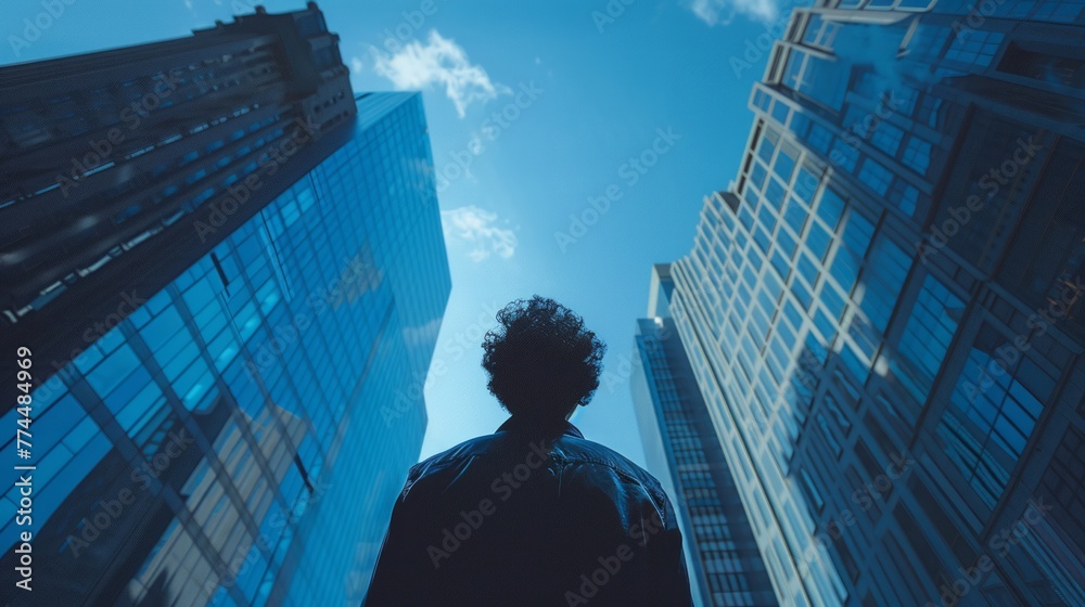 Fototapeta premium Silhouette looking up at skyscraper skyline