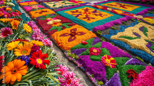 Semana Santa, Antigua, Guatemala, colourful carpets made of sawdust, flowers, pine needles and fruit to celebrate the religious festival of Semana Santa. © sravanthi