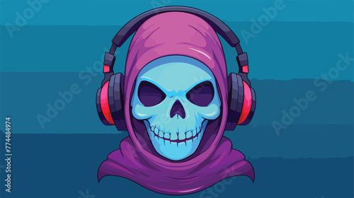 Skull with headphones and scarf flat cartoon vactor