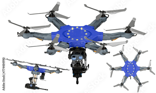 Fototapeta Naklejka Na Ścianę i Meble -  Fleet of Drones Adorned with European Union Flag Colors Displayed on Black