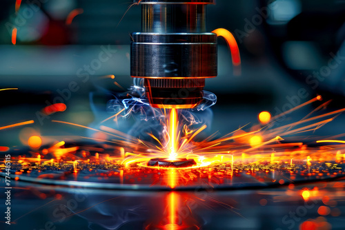Sparks from a laser cutting metal, precision industrial manufacturing technology, bright orange light and smoke from laser fabrication