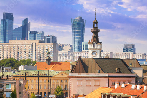 Cityscape - view of the district of Srodmiescie in the center Warsaw with skyscrapers on the skyline, Poland