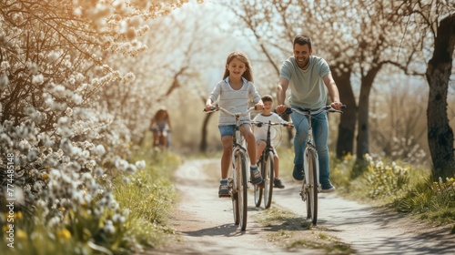 A man and woman happily ride their bicycles through a scenic path, surrounded by plants and nature. AIG41