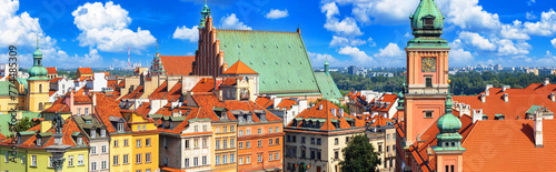 Cityscape, panorama, banner - top view of the Old Town of Warsaw, the Srodmiescie district in the center Warsaw, Poland