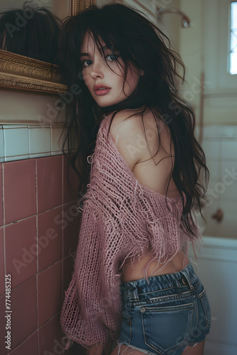 beautiful woman with long dark hair wearing an oversize lilac-color crewneck sweater