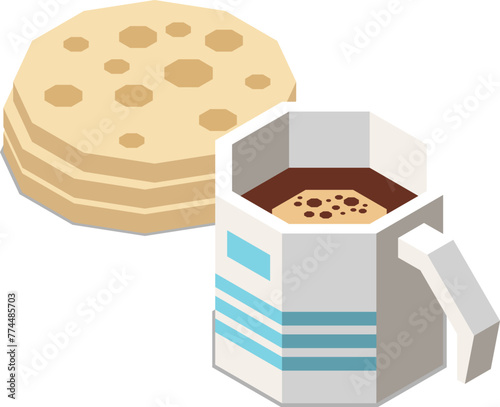 Stylish isometric cup of coffee and stack of cookies.