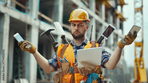 construction worker with many human arms, busy with holding too many things, phone, tablet, bluebrints, construction tools generative ai