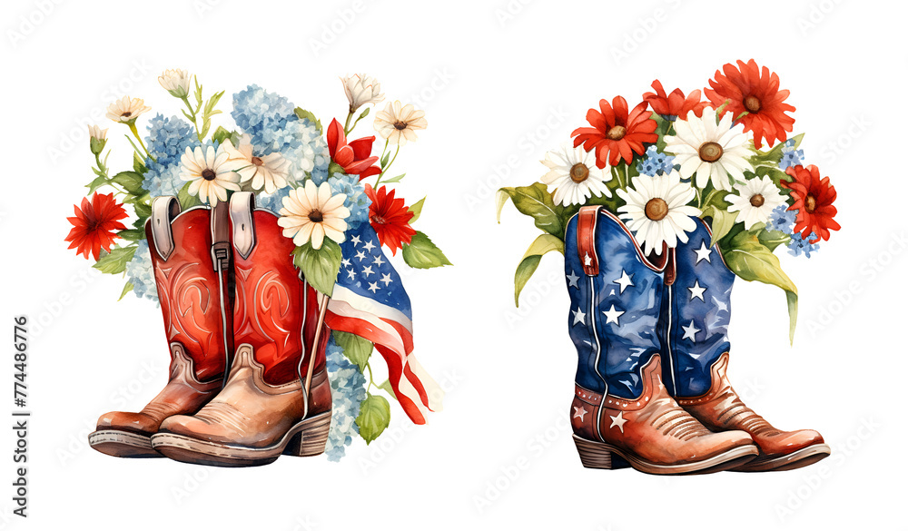 4th of july pair of old leather cowboy boots Flowers watercolor clipart ...