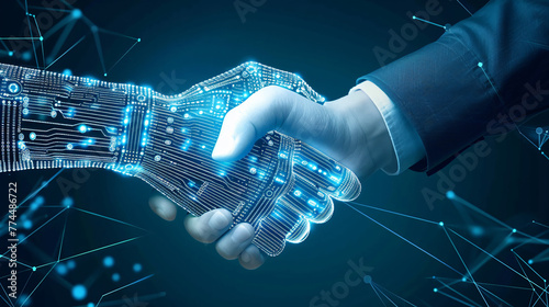 business technology concept, hand of businessman and blue hands of robot shake hand, friendship, data flow, connect network lines,, generative ai