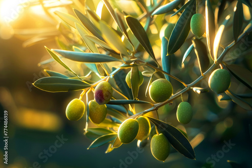 Close-up of ripe green olives on the tree branch. Olives in various stages of ripening. Tuscan Olive Tree. Generative AI