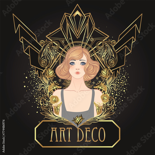 Art Deco vintage invitation template design with illustration of flapper girl...