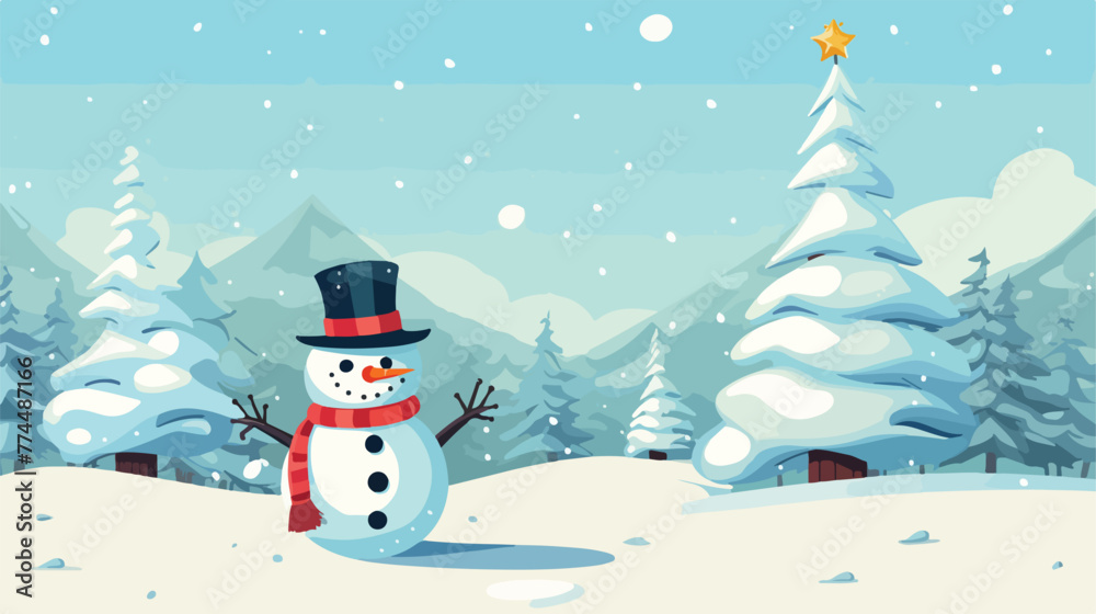 Snowman with tree pine flat cartoon vactor illustra