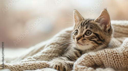 Adorable Brown Tabby Kitten Resting on Fluffy Blanket, Cozy Indoor Scene, Space For Text 