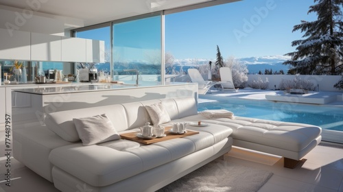Wide angle shot of a modern bright futuristic living room with sliding windows overlooking the winter landscape outside the window