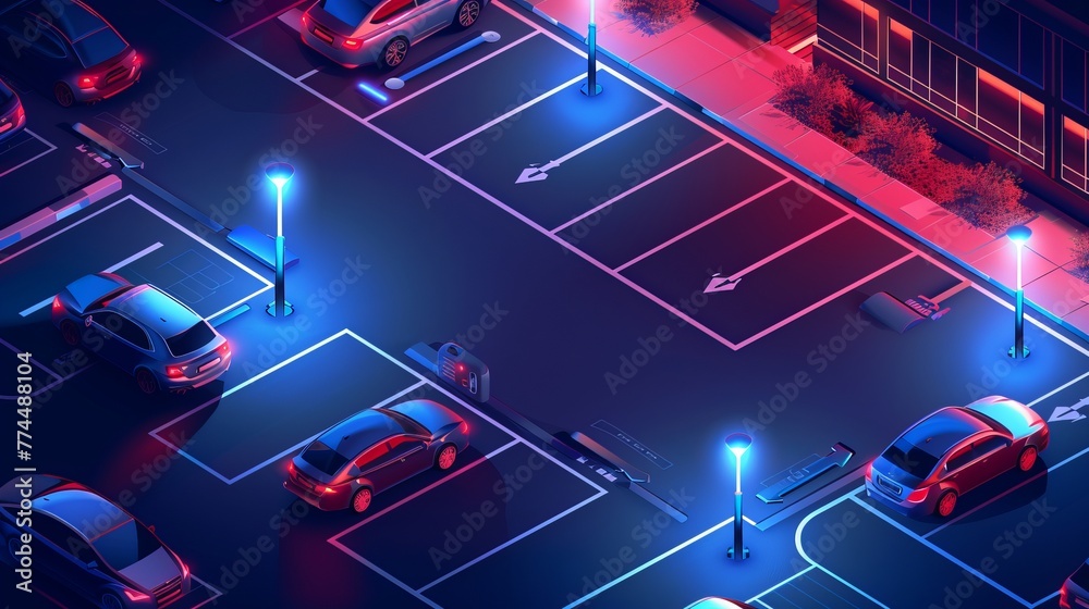 An isometric vector illustration of a parking lot at night, featuring advanced illumination technology for smart navigation and parking guidance - obrazy, fototapety, plakaty 