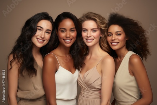 Half-length portrait of four cheerful young diverse multiethnic women. Female friends smiling at camera while posing together. Diversity, beauty, friendship concept. Isolated over grey background.