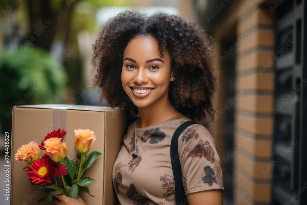 Courier woman smiling delivering parcel with tablet for painting, parcel delivery.