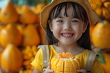 Young girl in a yellow dress delightfully eating a mango with a joyful expression