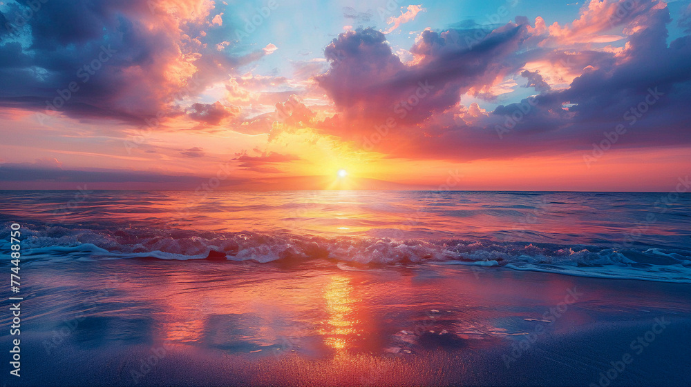Beautiful colorful sunset over the ocean with dramatic clouds. A stunning view of an endless horizon, where red and purple hues blend in the sky, creating a breathtaking natural spectacle