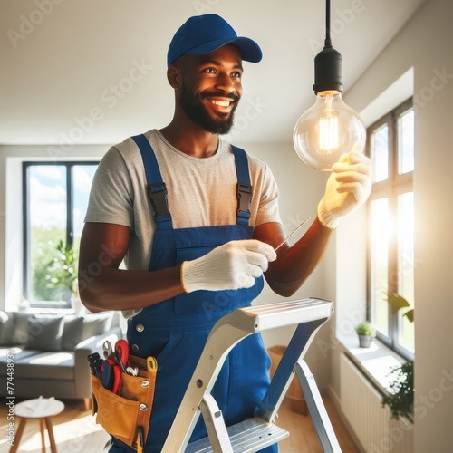 Repairman installing a light bulb photo