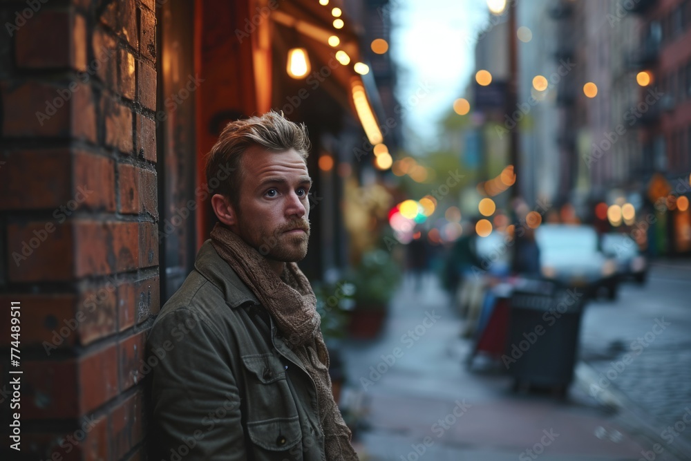 Portrait of a handsome young man with blond hair in the city