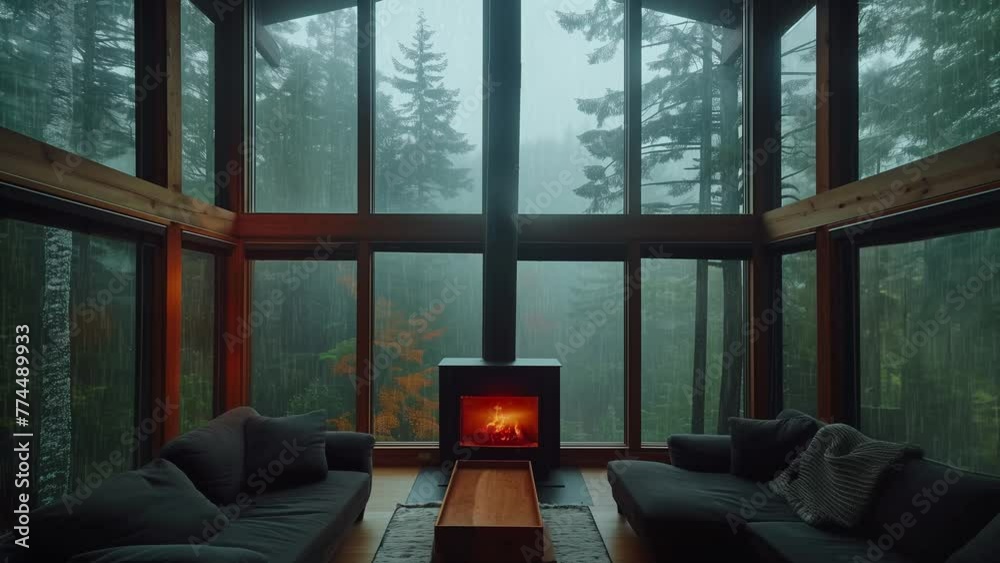 modern living room with fireplace, rain window, endless looped motion UHD 4K video
