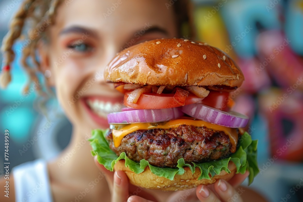 Teenage girl with a joyful expression holding a delicious cheeseburger Teenage girl with a joyful expression holding a delicious cheeseburger