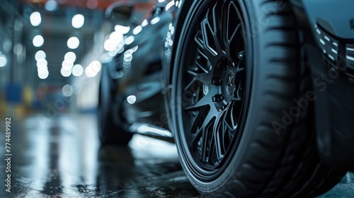 Dynamic close-up of a high-performance sports car wheel in a professional auto repair garage