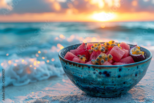 A tropical bliss bowl filled with an assortment of colorful fruits, such as mangoes, kiwis, and berries, presented in a coconut shell photo