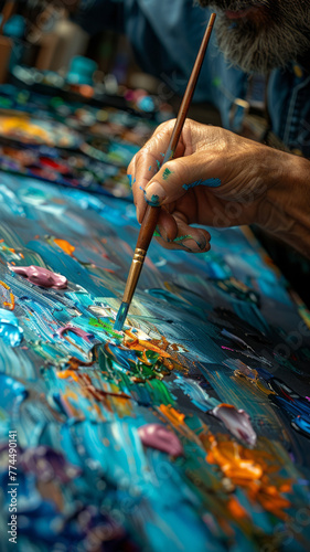 Artist's hands paint vibrant strokes on canvas, immersed in creative focus.generative ai