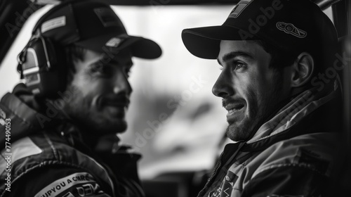 A monochrome portrait of a rally driver and co-driver sharing a joyful moment inside the car.  photo