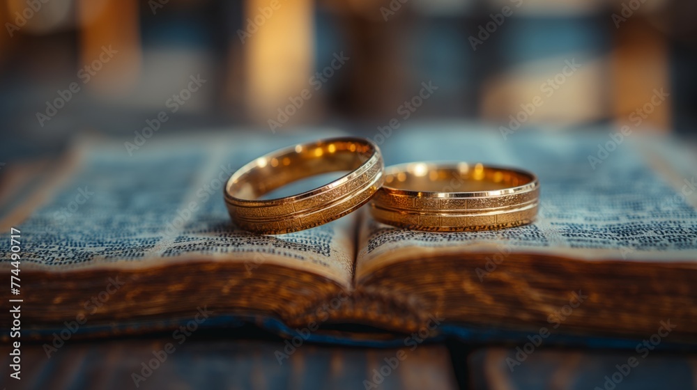 closeup of golden wedding rings placed on top an open book with pink rose petals on blurred background closeup of golden wedding rings placed on top an open book with pink rose petals on blurred background