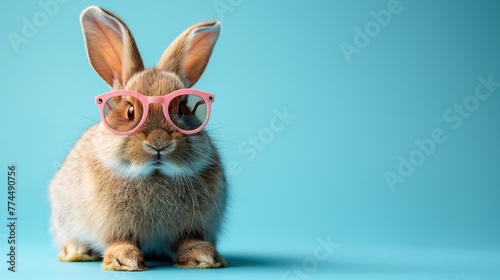 cute fluffy domestic rabbit wearing pink stylish sunglasses