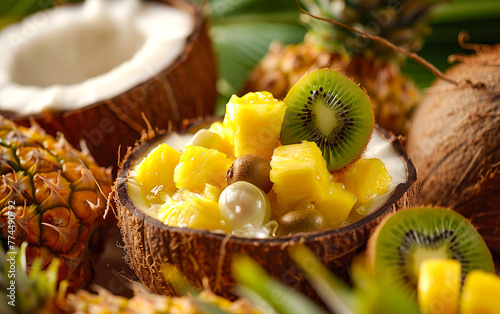 A tropical bliss bowl filled with an assortment of colorful fruits, such as mangoes, kiwis, and berries, presented in a coconut shell