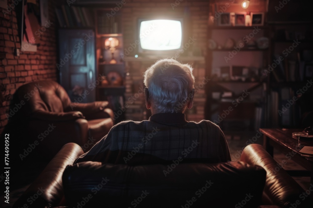 Isolation and Social Exclusion: Elderly Man Watching TV Alone in a Dark Room