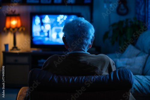 Isolation and Social Exclusion: Elderly Man Watching TV Alone in a Dark Room