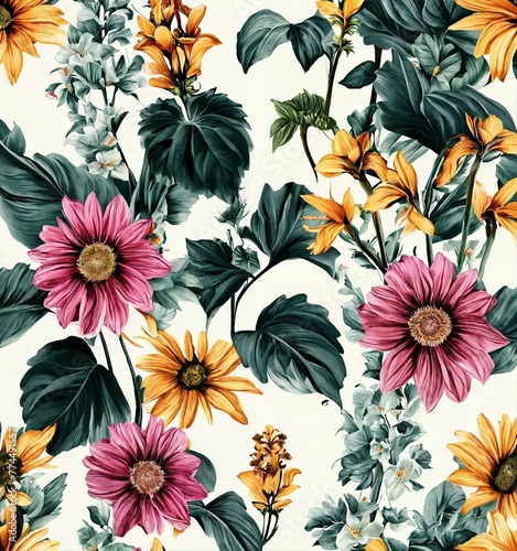 Floral seamless pattern with multicolored flowers on bright background