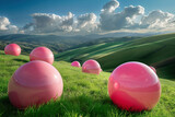 Abstract pink spheres in the green meadow, surrealist landscape, generative ai