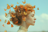 Woman with butterflies around her head, emotions and mental health concept, generative ai