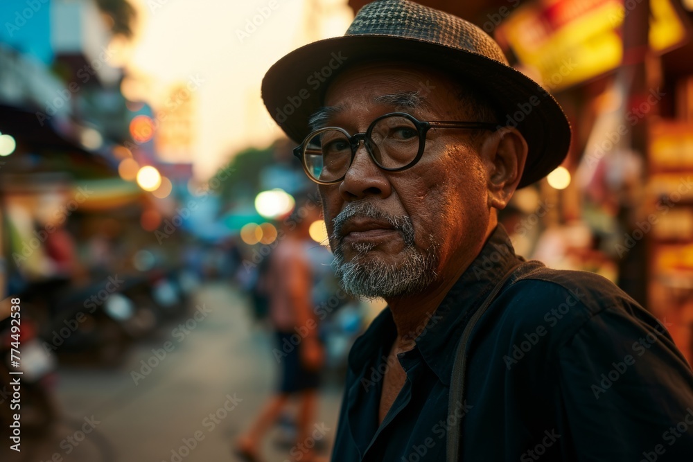 Handsome senior Asian man with hat and eyeglasses in Bangkok, Thailand