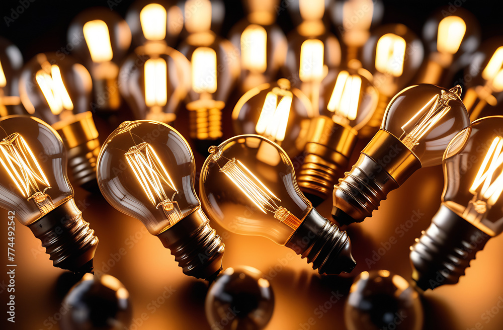 many burning light bulbs close-up many burning light bulbs close-up
